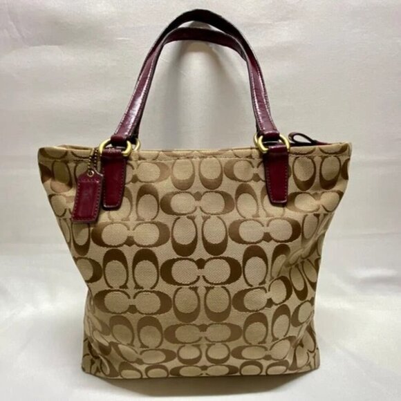 Coach Signature Stripe Shoulder Bag F28504 Patent Leather Trim Tan Raspberry GUC - Picture 5 of 16